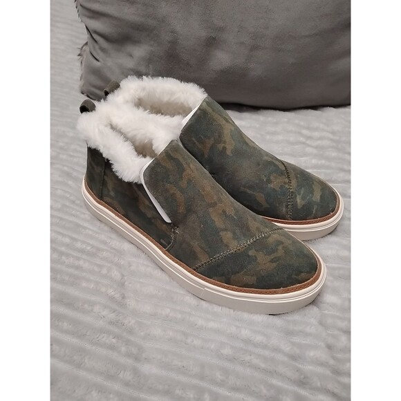 Toms Paxton Slip On Shoe Deep Forest Green Camo Womens Size 7.5 Suede Faux Fur - Picture 11 of 14